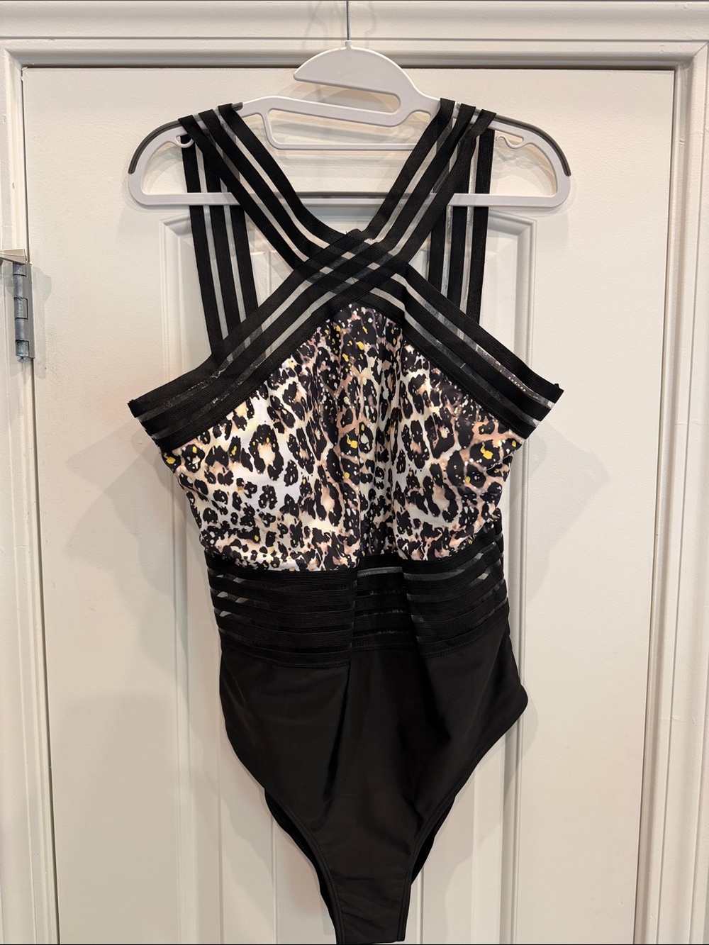 Leopard Print and Black Strappy One-Piece Swimsuit